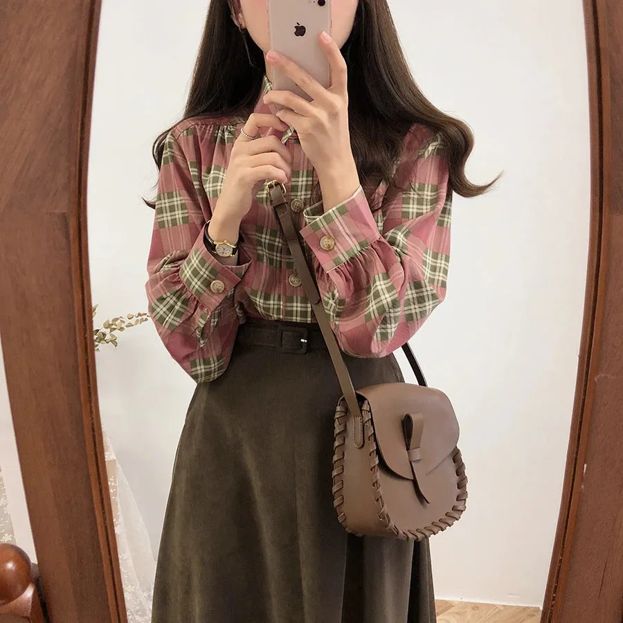 A Line solid Pleated Knee Length Suede Skirt   Vintage Plaid Long Sleeve