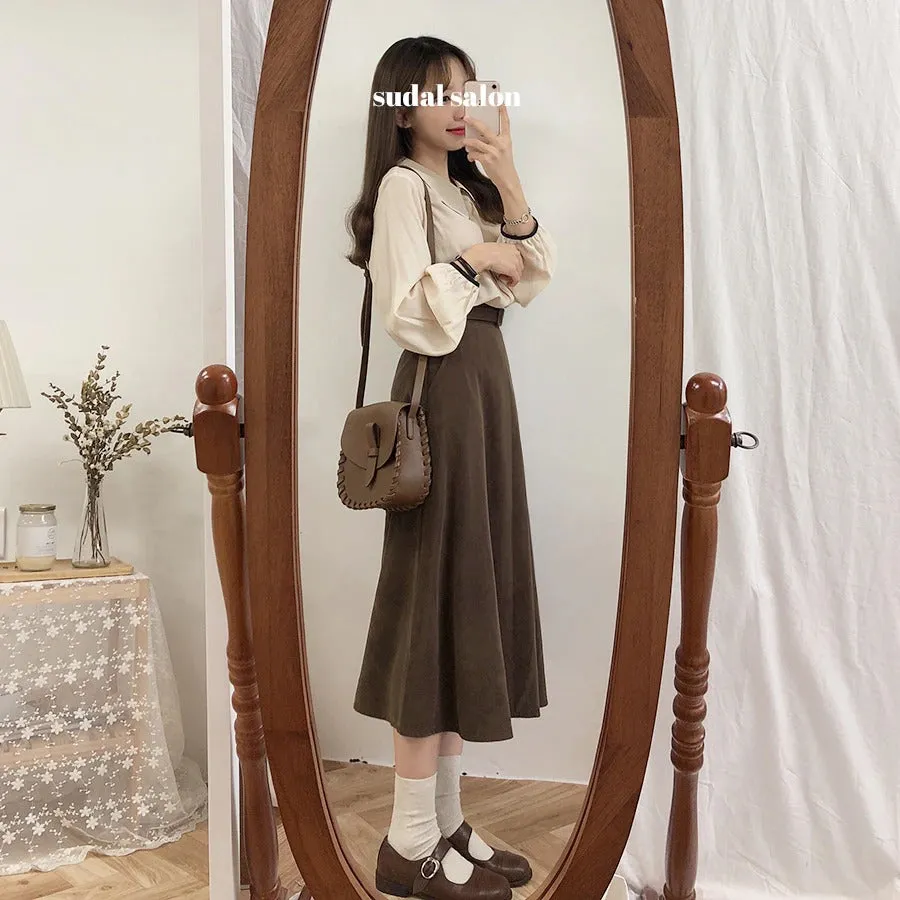 A Line solid Pleated Knee Length Suede Skirt   Vintage Plaid Long Sleeve