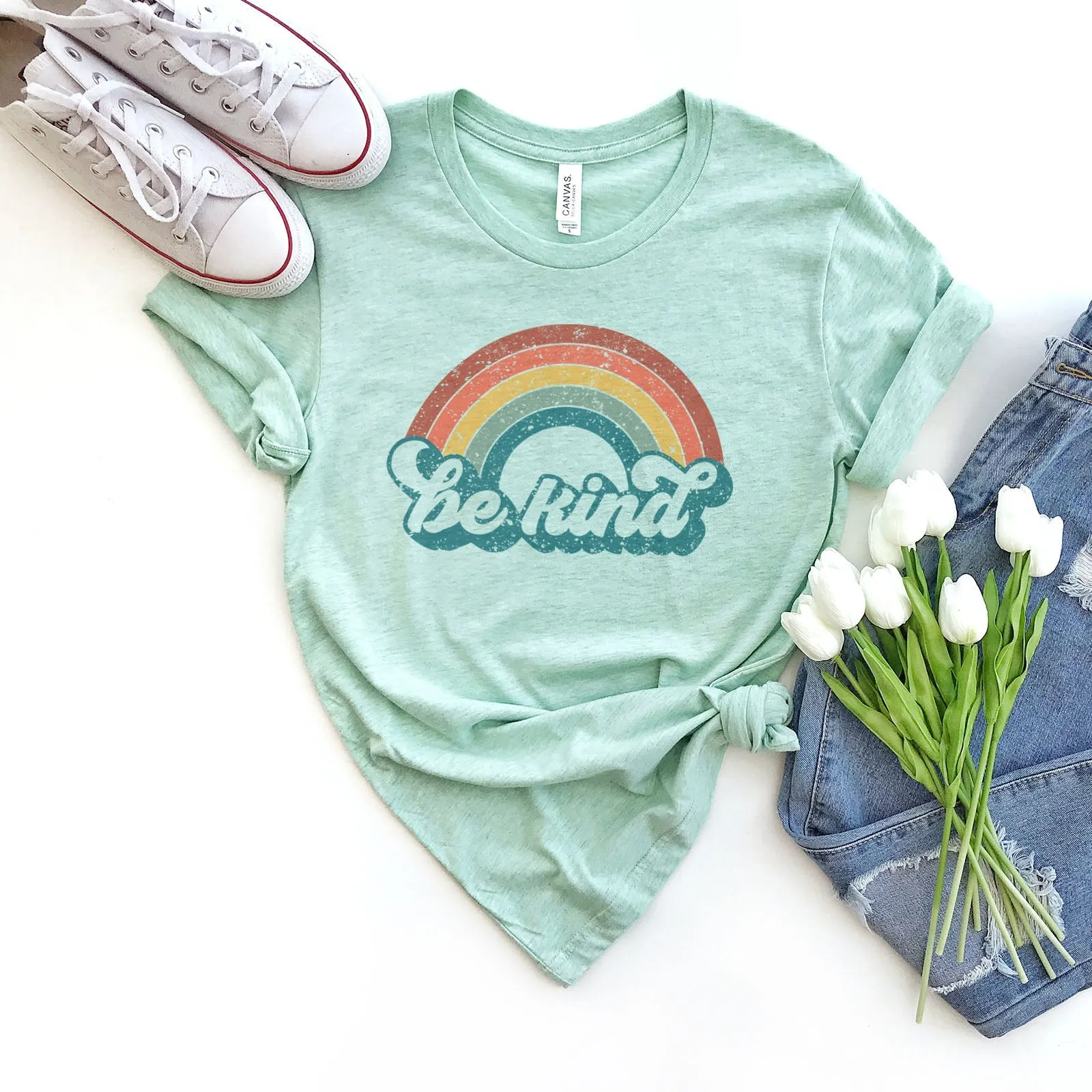 Be Kind Retro Rainbow Tee Shirts For Women - Christian Shirts for Women - Religious Tee Shirts