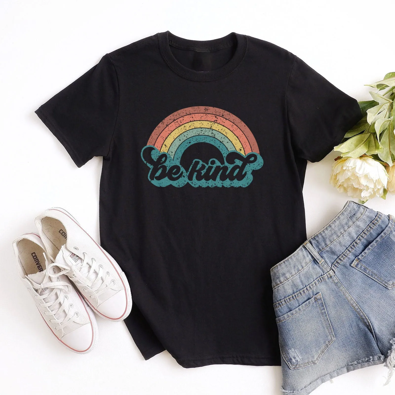 Be Kind Retro Rainbow Tee Shirts For Women - Christian Shirts for Women - Religious Tee Shirts