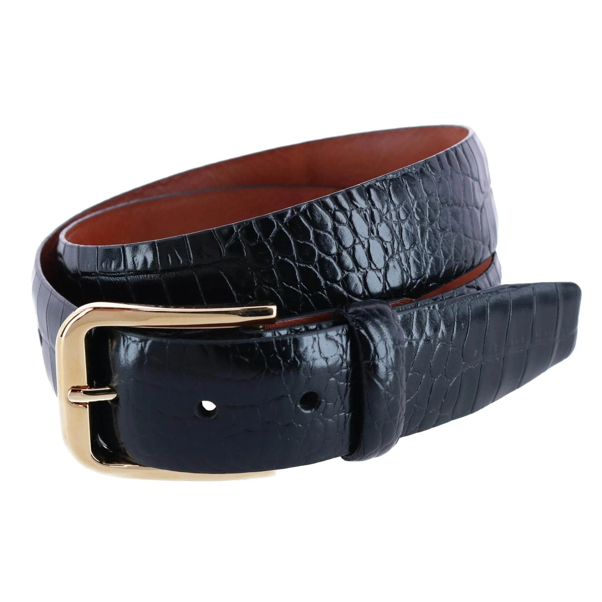 Big & Tall Leather Mock Crocodile Print Belt with Gold Buckle