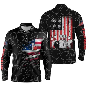 Black Bowling Long Sleeve Polo Shirts For Men Custom Name Vintage American Flag Bowling Jerseys, Super Bowl Shirts