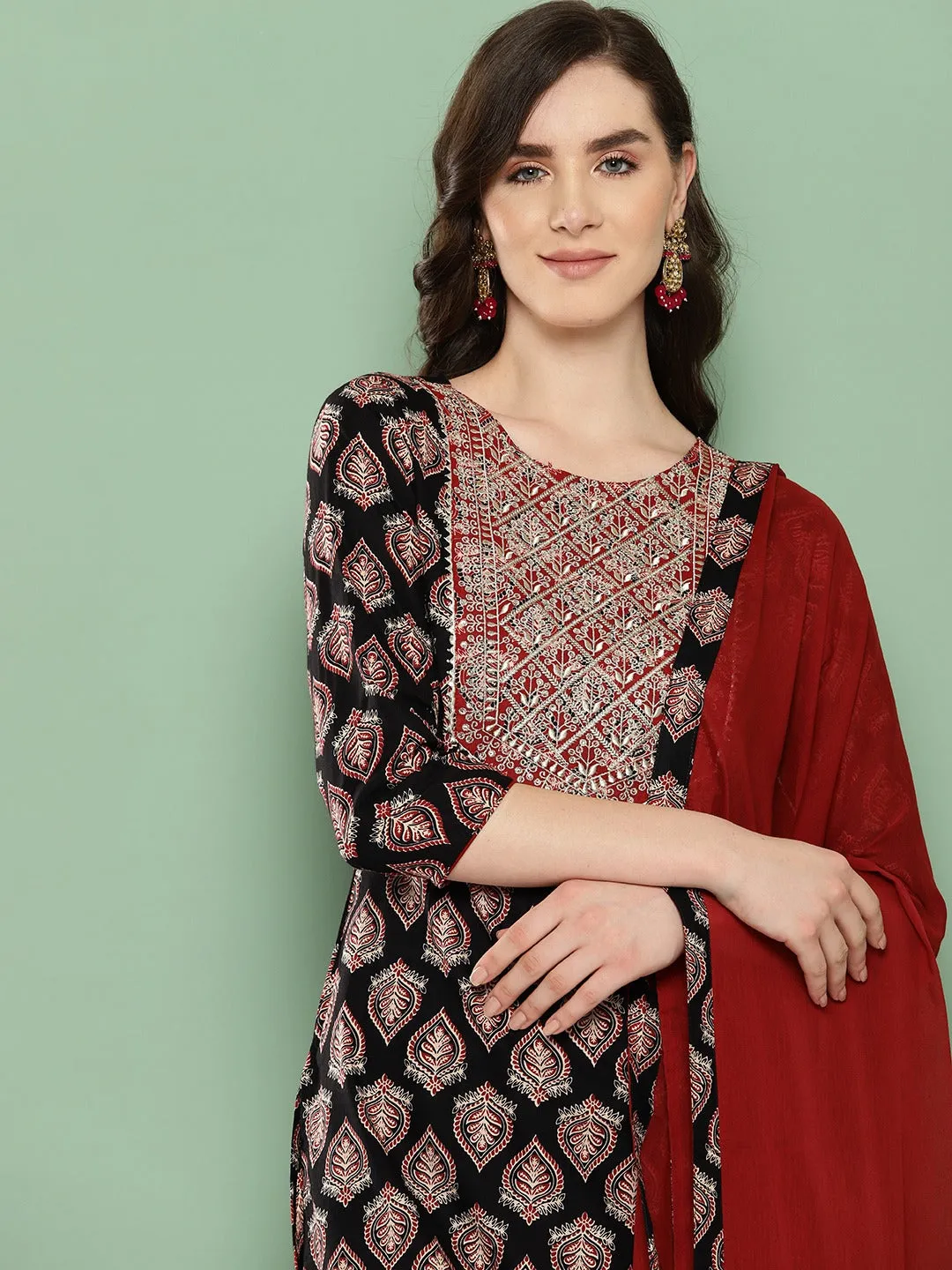 Black Ethnic Motifs Regular Pure Cotton Kurta With Trousers & With Dupatta Set