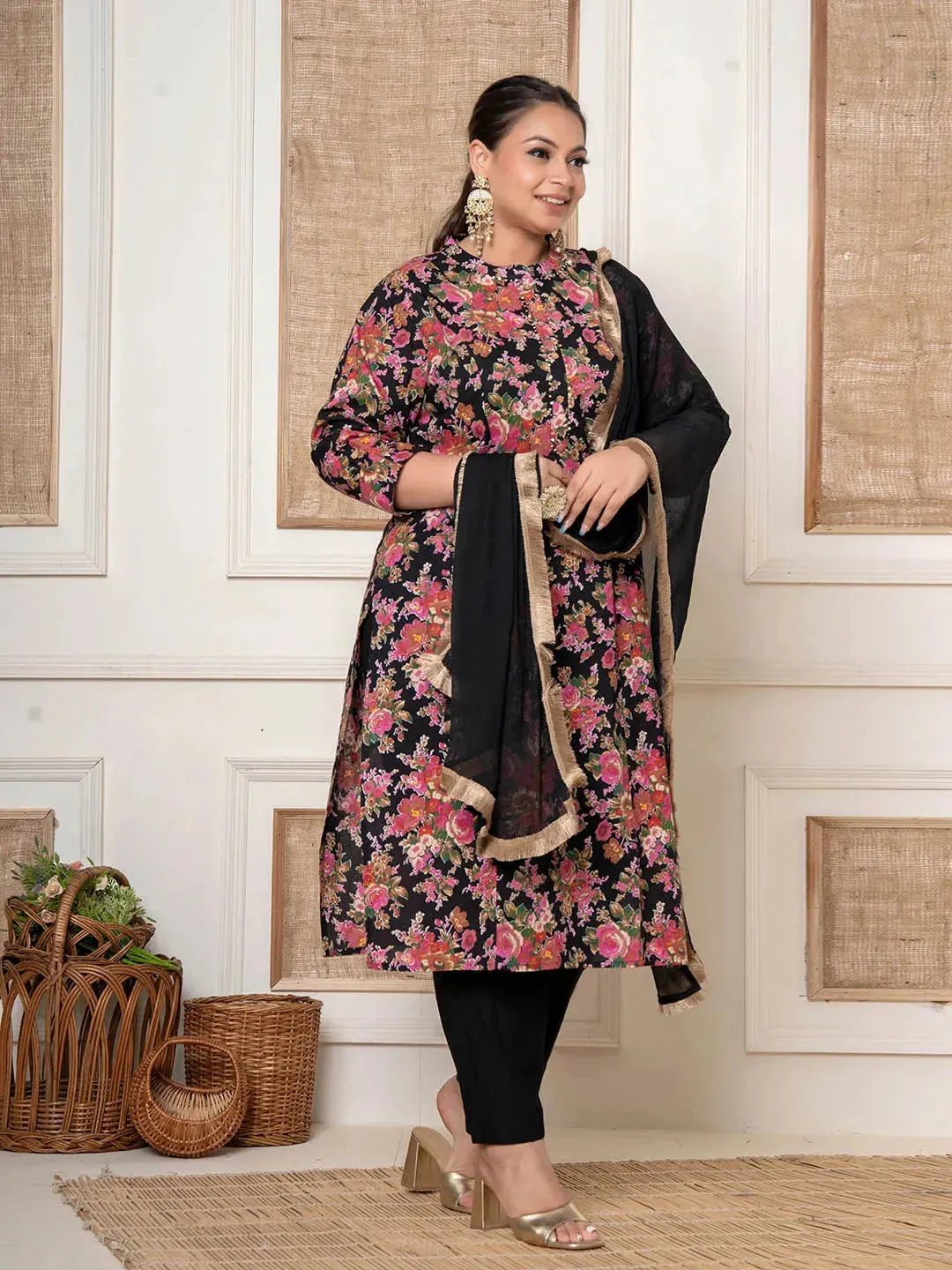 Black Kantha_Work Cotton Plus Size Kurta And Pant With Dupatta Set