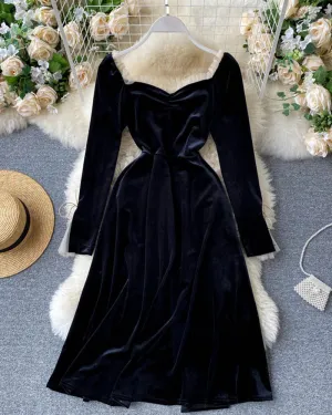 Black velvet long sleeve dress    S128