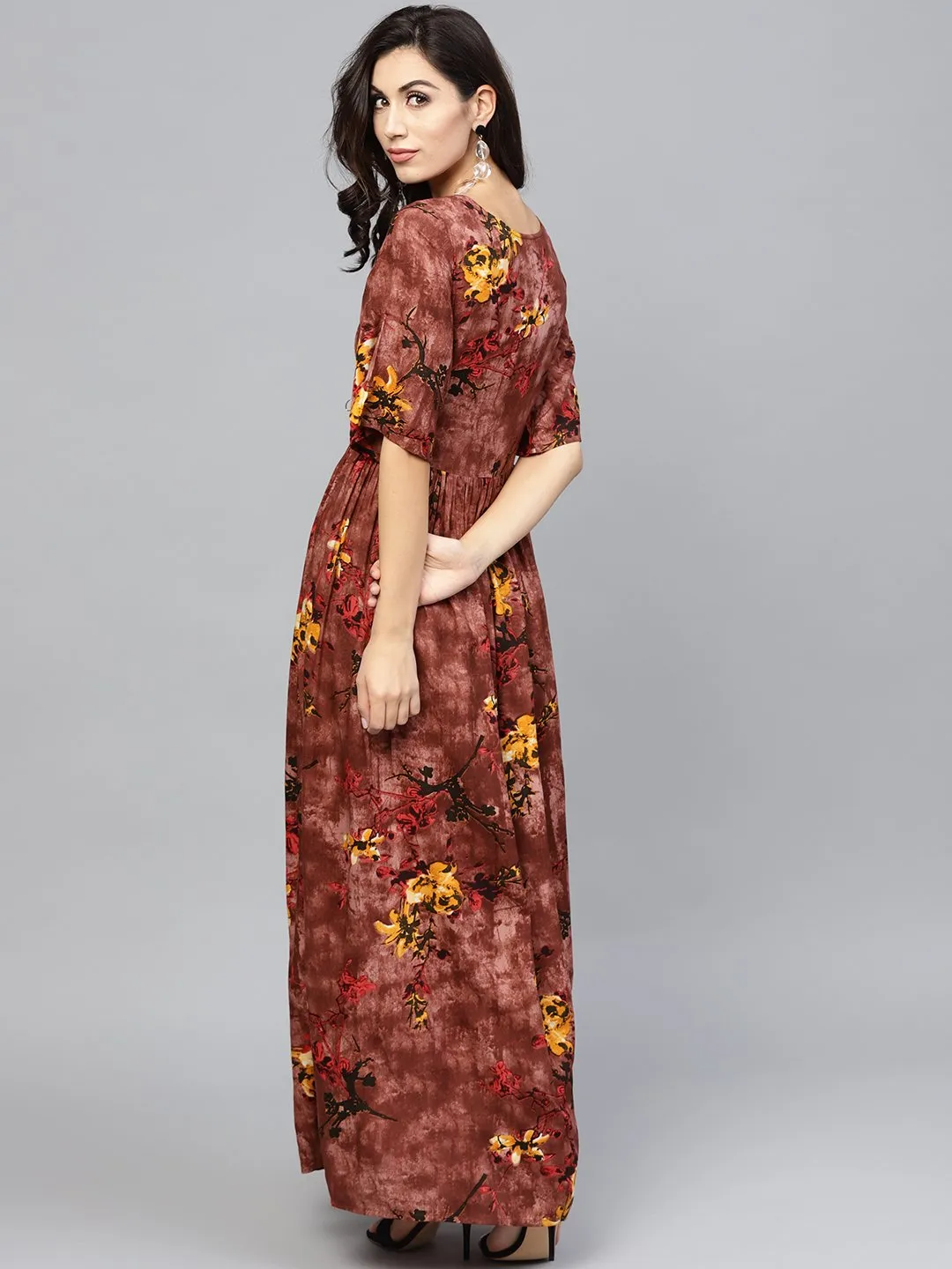 Brown Printed Maxi Dress With Round Neck And Flared Sleeves