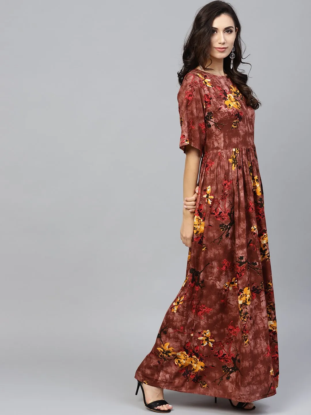 Brown Printed Maxi Dress With Round Neck And Flared Sleeves