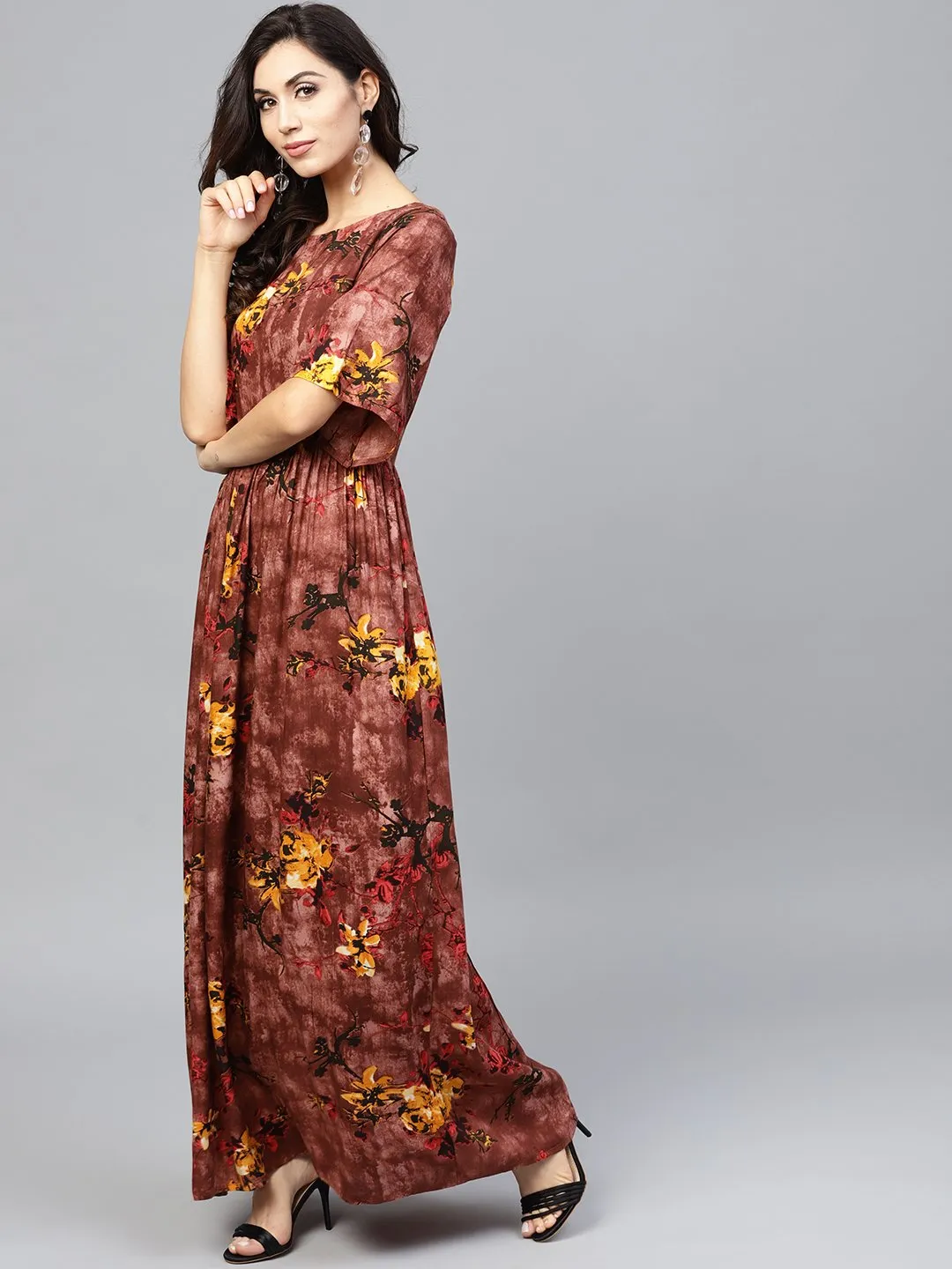 Brown Printed Maxi Dress With Round Neck And Flared Sleeves