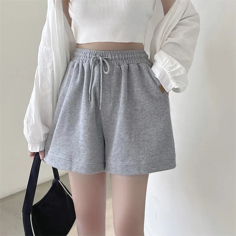 Casual Loose Fit Cotton Pocket Wide-Leg Elastic Shorts