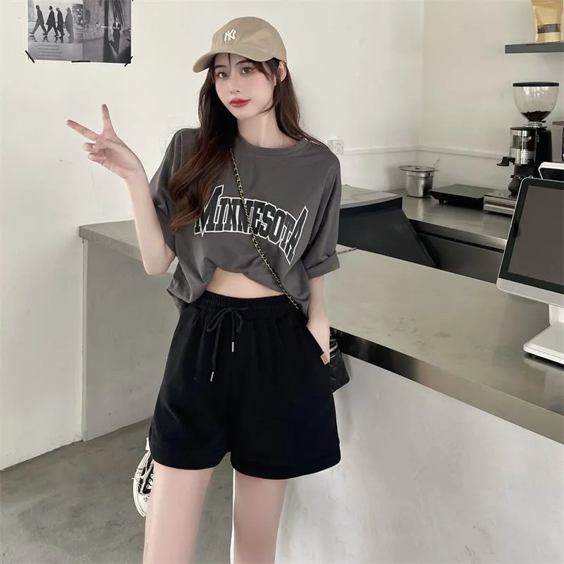 Casual Loose Fit Cotton Pocket Wide-Leg Elastic Shorts