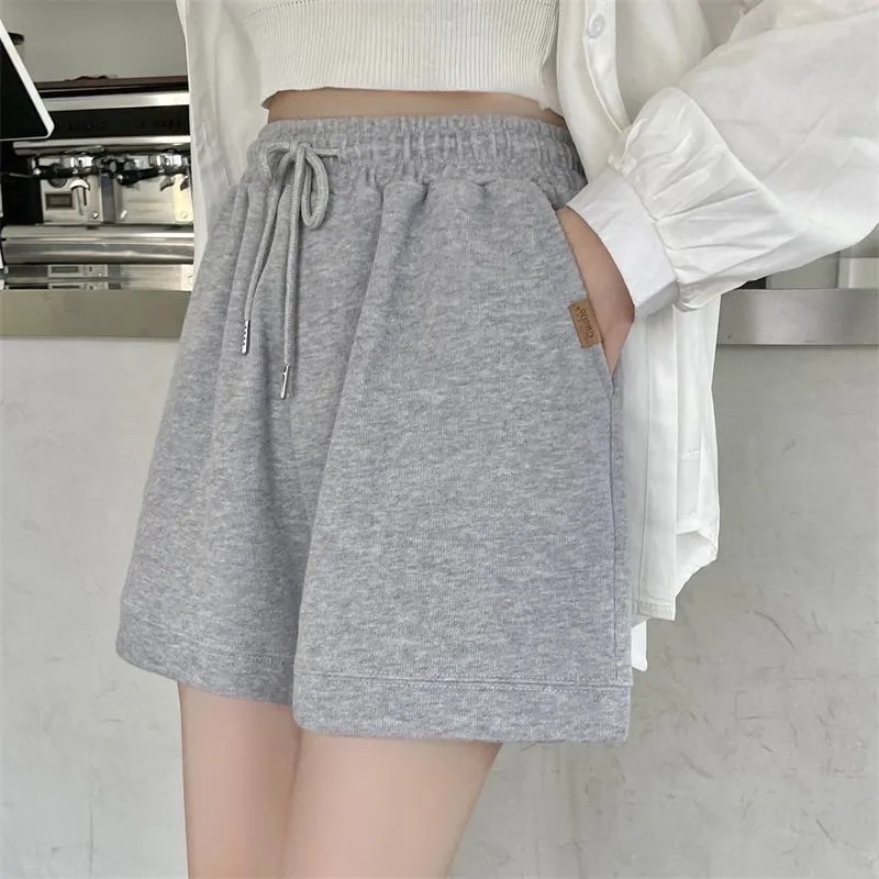 Casual Loose Fit Cotton Pocket Wide-Leg Elastic Shorts