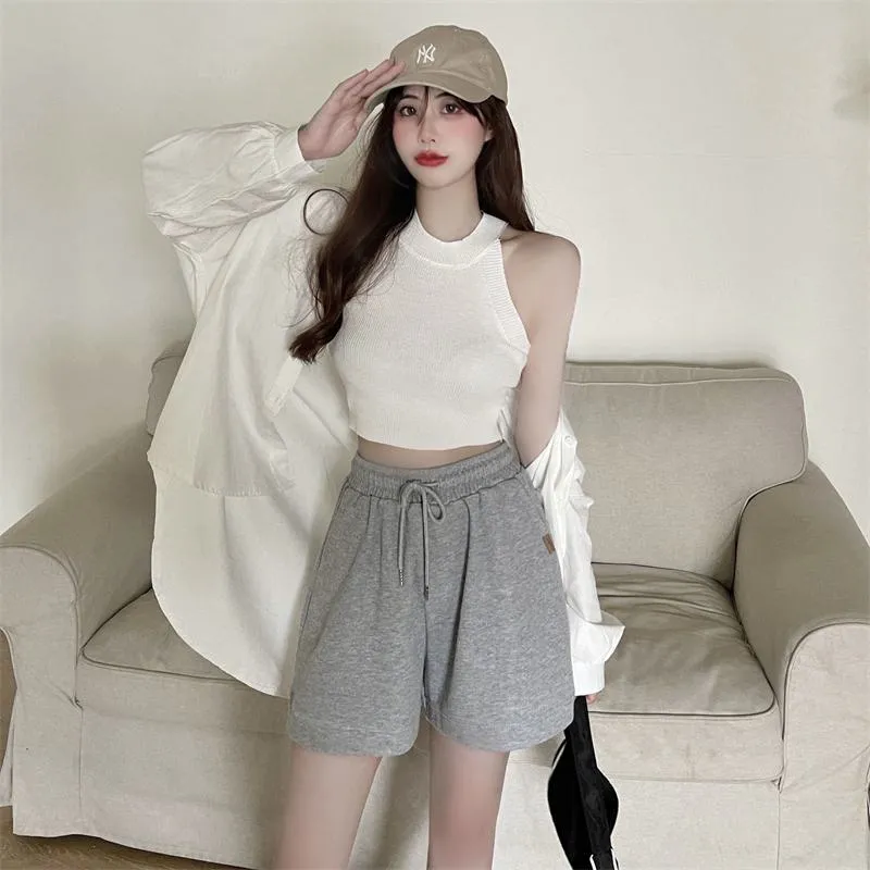 Casual Loose Fit Cotton Pocket Wide-Leg Elastic Shorts