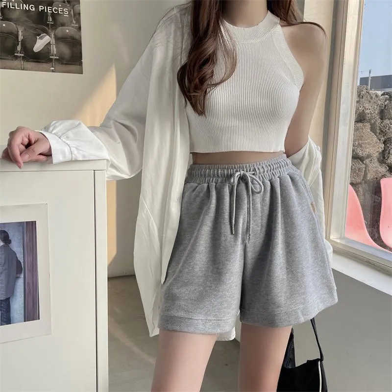 Casual Loose Fit Cotton Pocket Wide-Leg Elastic Shorts