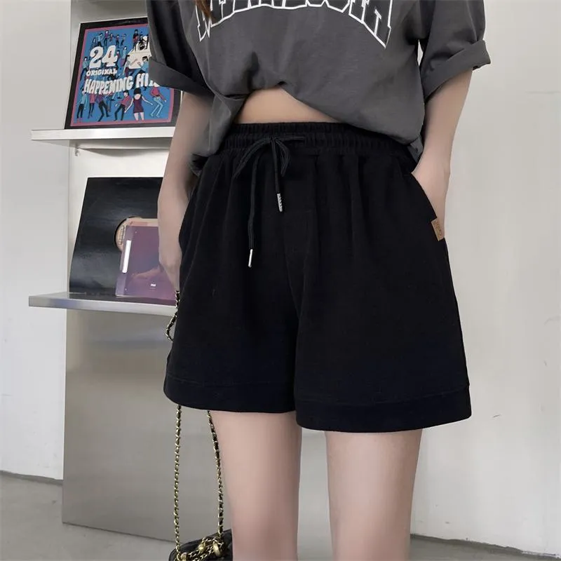 Casual Loose Fit Cotton Pocket Wide-Leg Elastic Shorts