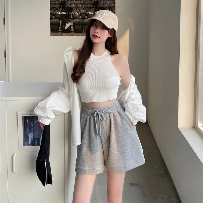 Casual Loose Fit Cotton Pocket Wide-Leg Elastic Shorts