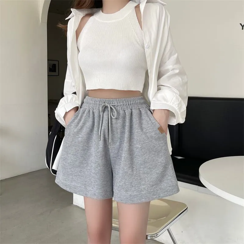 Casual Loose Fit Cotton Pocket Wide-Leg Elastic Shorts