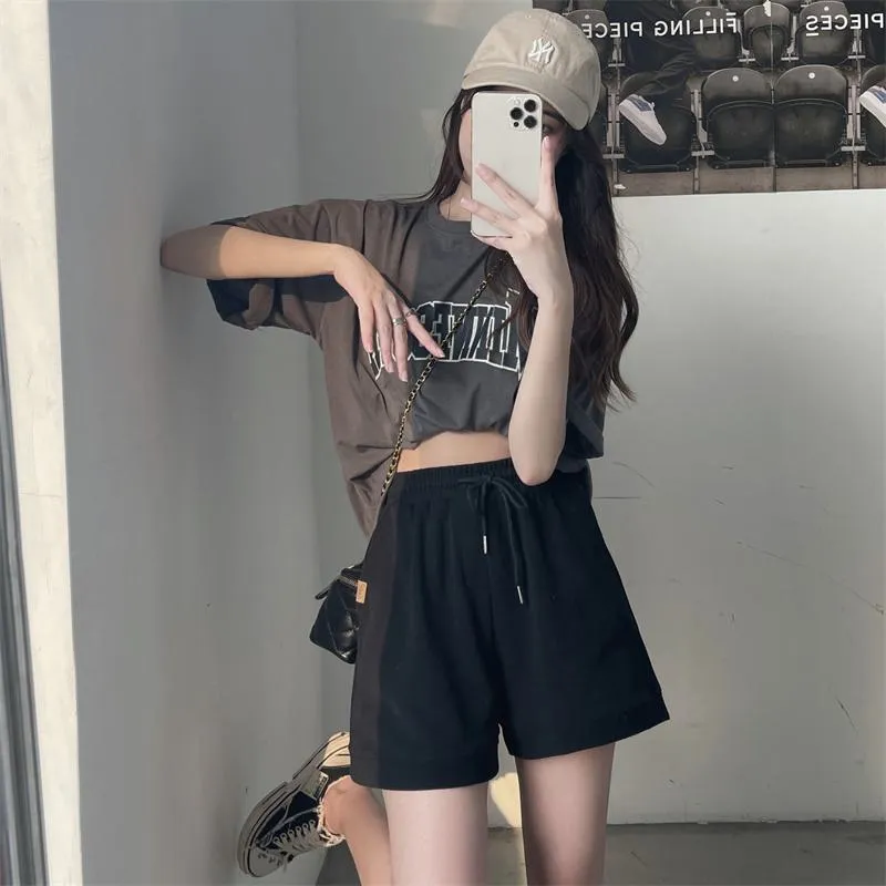 Casual Loose Fit Cotton Pocket Wide-Leg Elastic Shorts