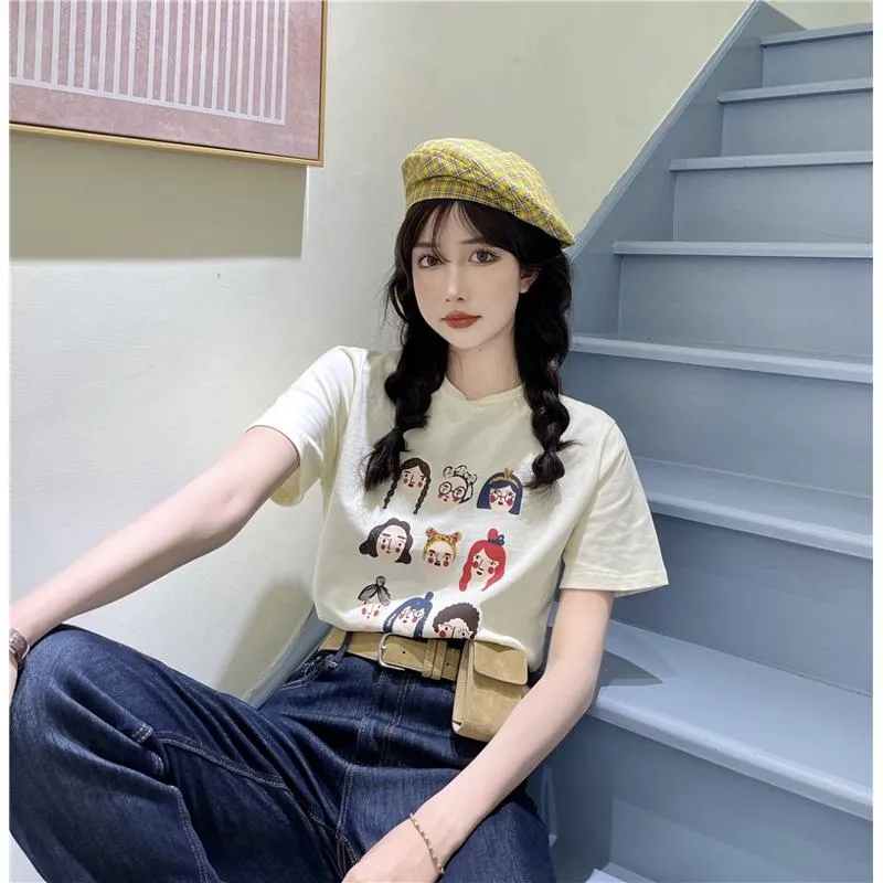 Casual Print Lazy Versatile Cute Slimming Preppy Style Short Sleeve Tee