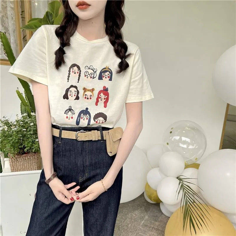 Casual Print Lazy Versatile Cute Slimming Preppy Style Short Sleeve Tee