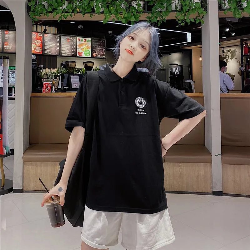 Casual Slimming Plus Lapel Loose Fit Short Sleeve Tee