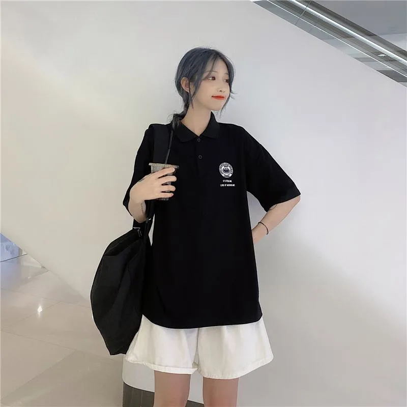 Casual Slimming Plus Lapel Loose Fit Short Sleeve Tee