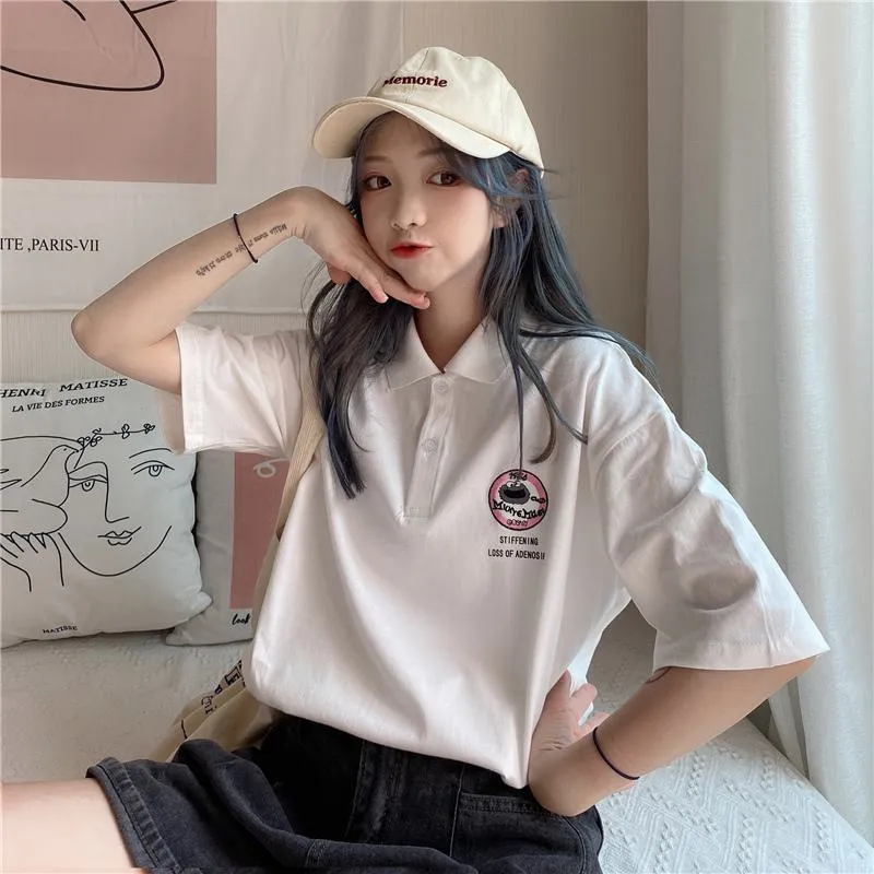 Casual Slimming Plus Lapel Loose Fit Short Sleeve Tee