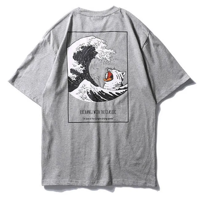 Cat & Waves Printed Hip Hop Streetwear Loose Tees