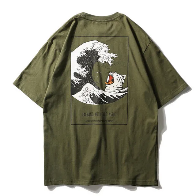 Cat & Waves Printed Hip Hop Streetwear Loose Tees