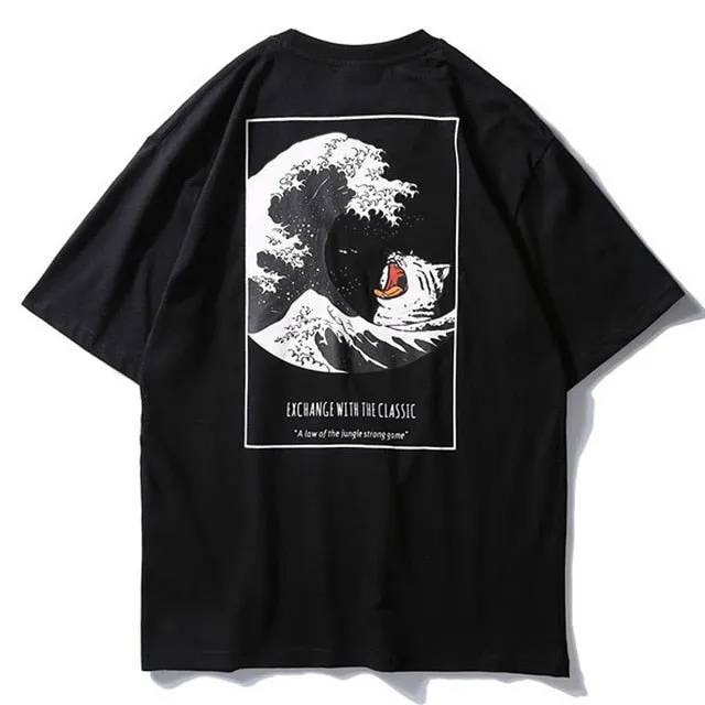 Cat & Waves Printed Hip Hop Streetwear Loose Tees