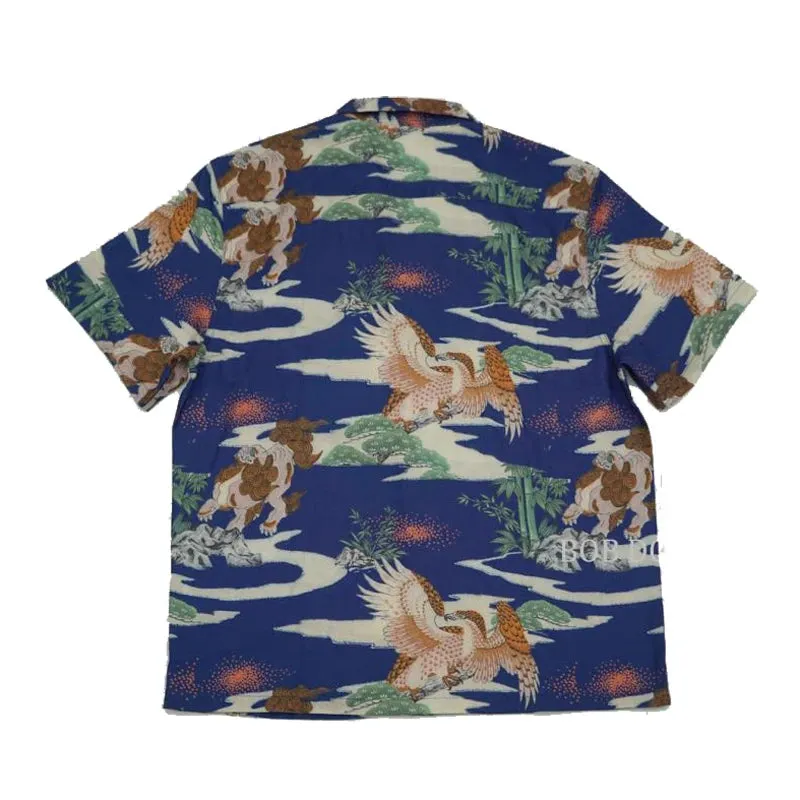 Chinese Style Men Hawaiian Pocket Tee Shirts - Vintage Short Sleeve Blue