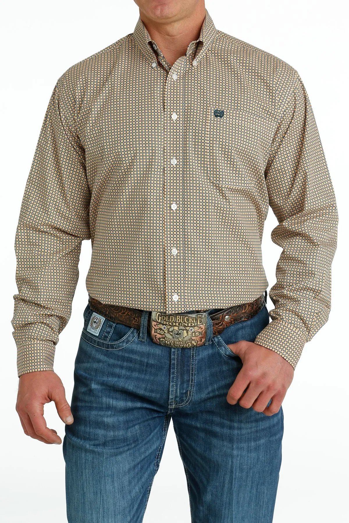 Cinch Mens Medallion Print Button Down Shirt - White/Blue - MTW1105660