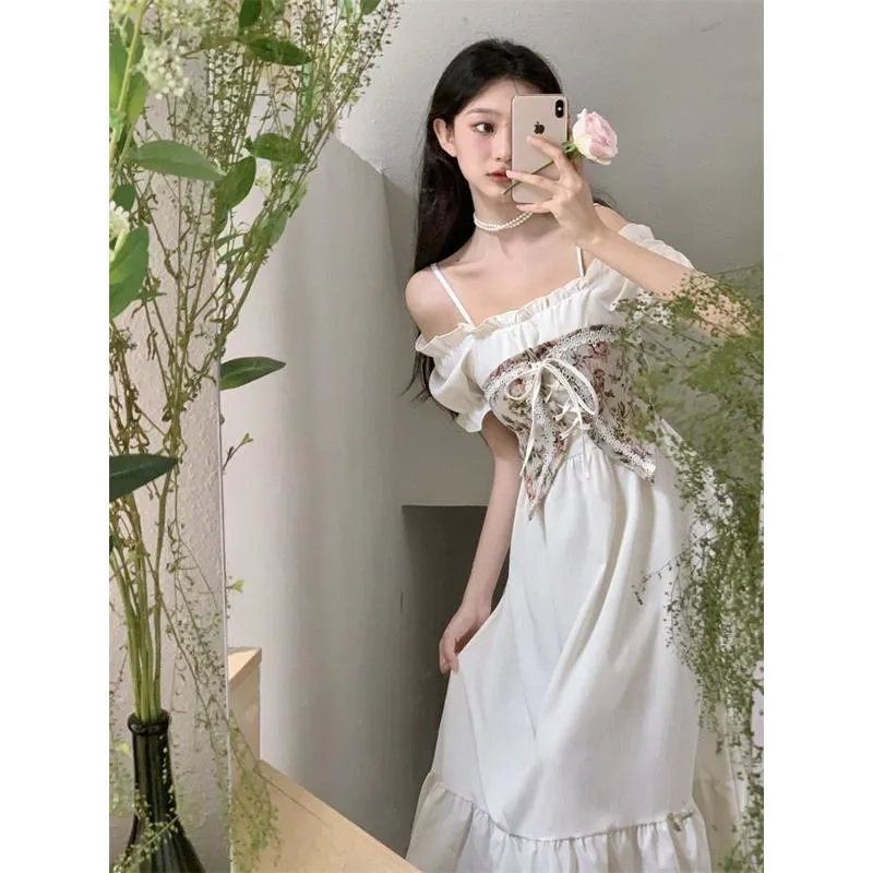 Cinched Waist Retro Off-Shoulder White Dress