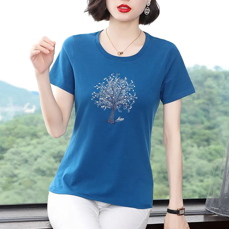 Cropped Round Neck Versatile Embroidery Slimming Short Sleeve Tee