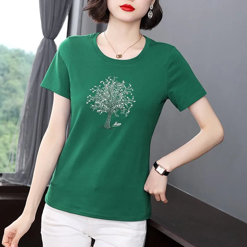 Cropped Round Neck Versatile Embroidery Slimming Short Sleeve Tee