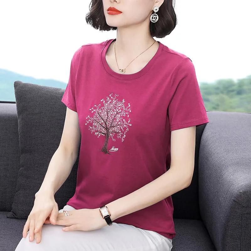 Cropped Round Neck Versatile Embroidery Slimming Short Sleeve Tee