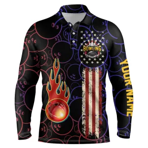 Custom American Flag Black Bowling Long Sleeve Polo Shirts For Men, Patriotic Bowling Tournament Jerseys