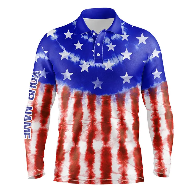 Custom American Flag Black Bowling Long Sleeve Polo Shirts For Men, Patriotic Bowling Tournament Jerseys