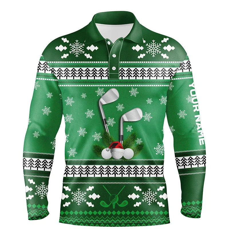 Custom Green Christmas Mens Golf Polo Shirt Snowflakes Winter Golf Shirts For Men Golfing Gifts