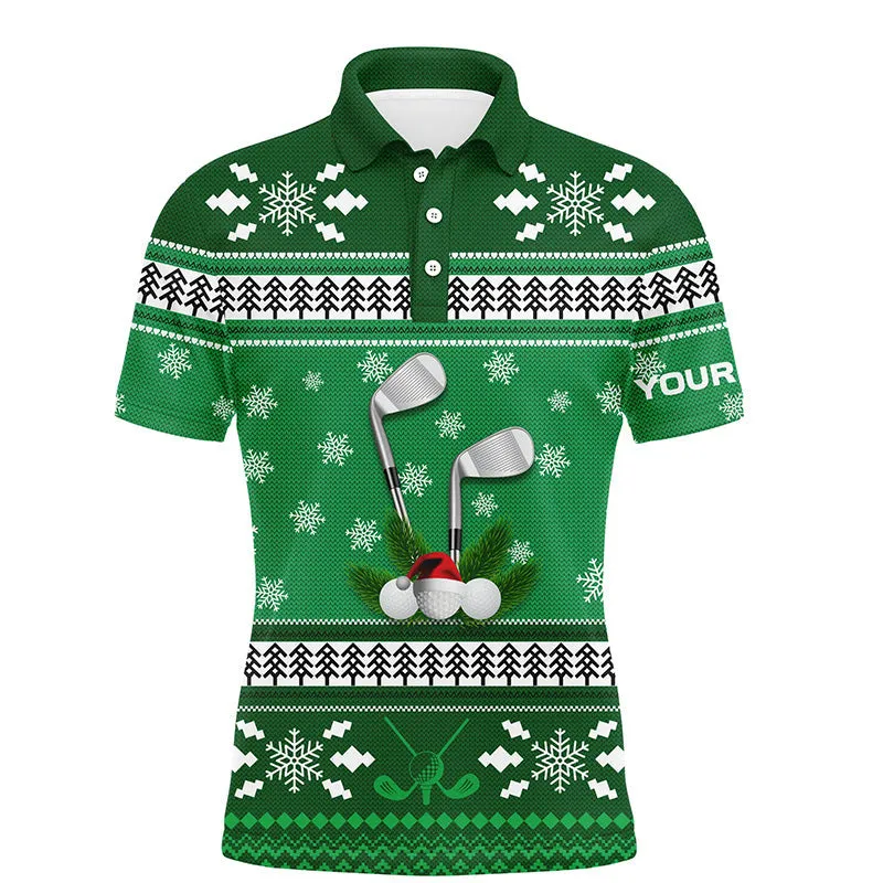 Custom Green Christmas Mens Golf Polo Shirt Snowflakes Winter Golf Shirts For Men Golfing Gifts