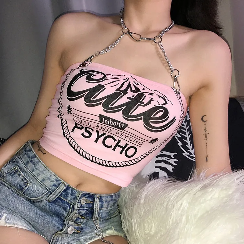 Cute & Psycho Printed Metal Halter Crop Top Tank