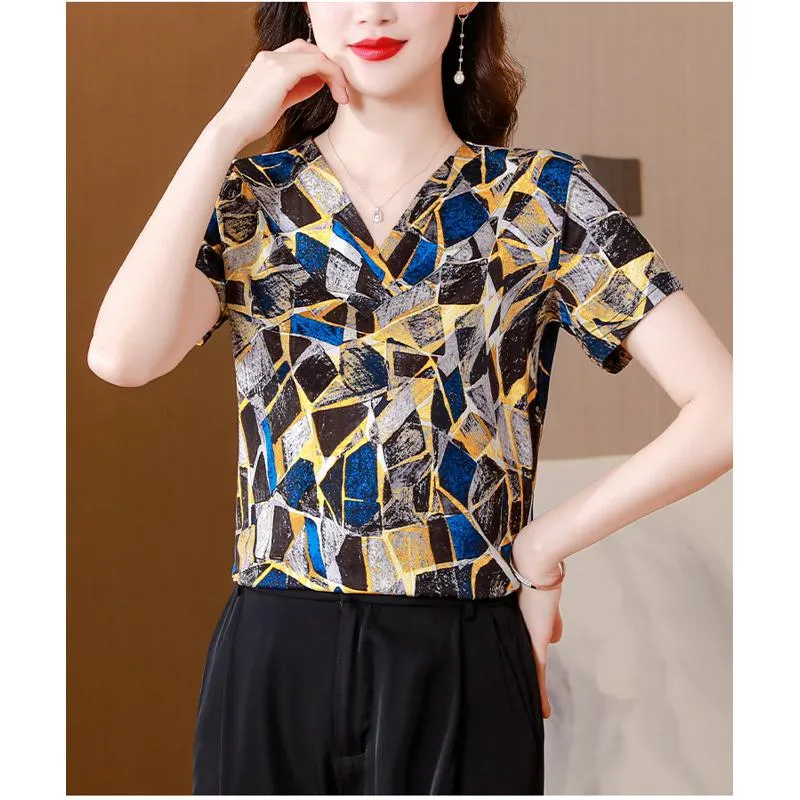 Double-Sided Pullover Print V-Neck Loose Fit Silky Luster Mulberry Silk Knitted Short Sleeve Tee