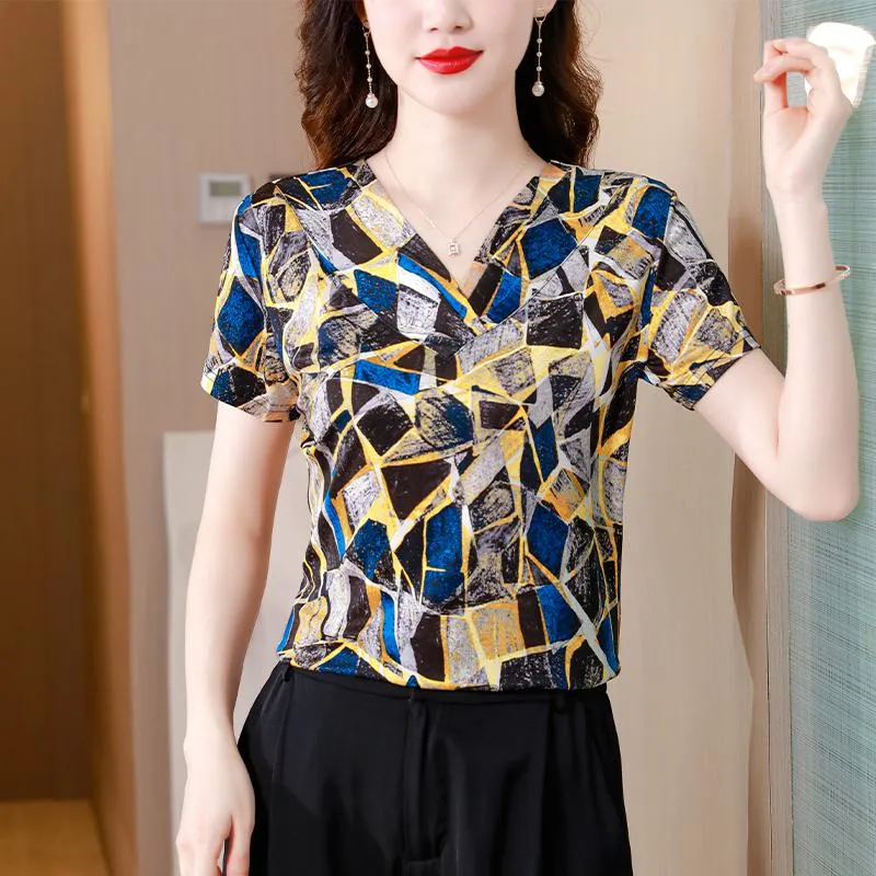 Double-Sided Pullover Print V-Neck Loose Fit Silky Luster Mulberry Silk Knitted Short Sleeve Tee