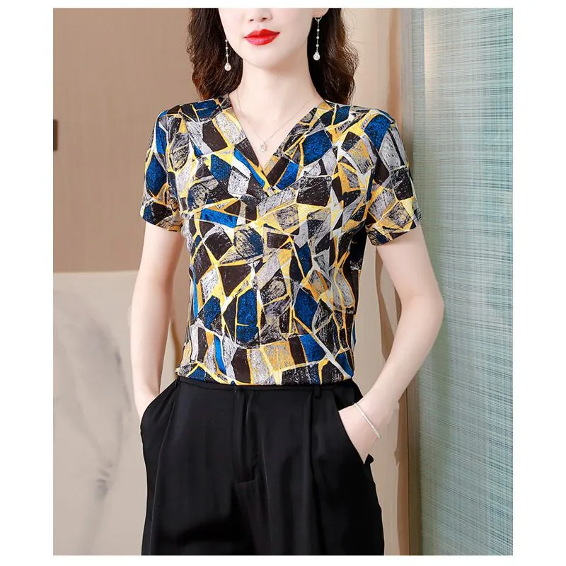 Double-Sided Pullover Print V-Neck Loose Fit Silky Luster Mulberry Silk Knitted Short Sleeve Tee