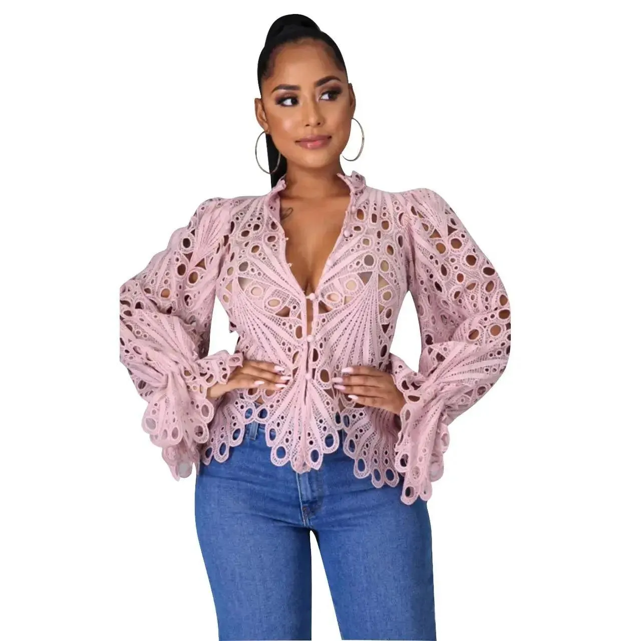 Elegant Long Sleeve Hollow Out Mesh Lace For Women