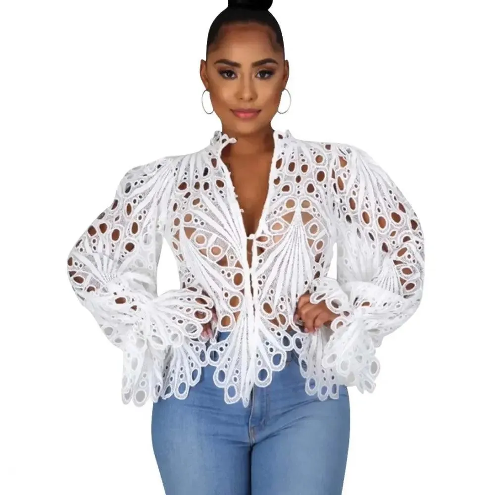 Elegant Long Sleeve Hollow Out Mesh Lace For Women