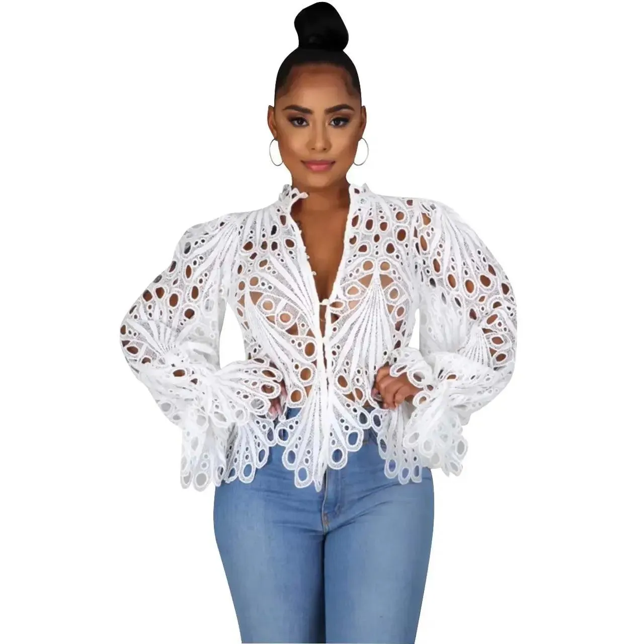 Elegant Long Sleeve Hollow Out Mesh Lace For Women