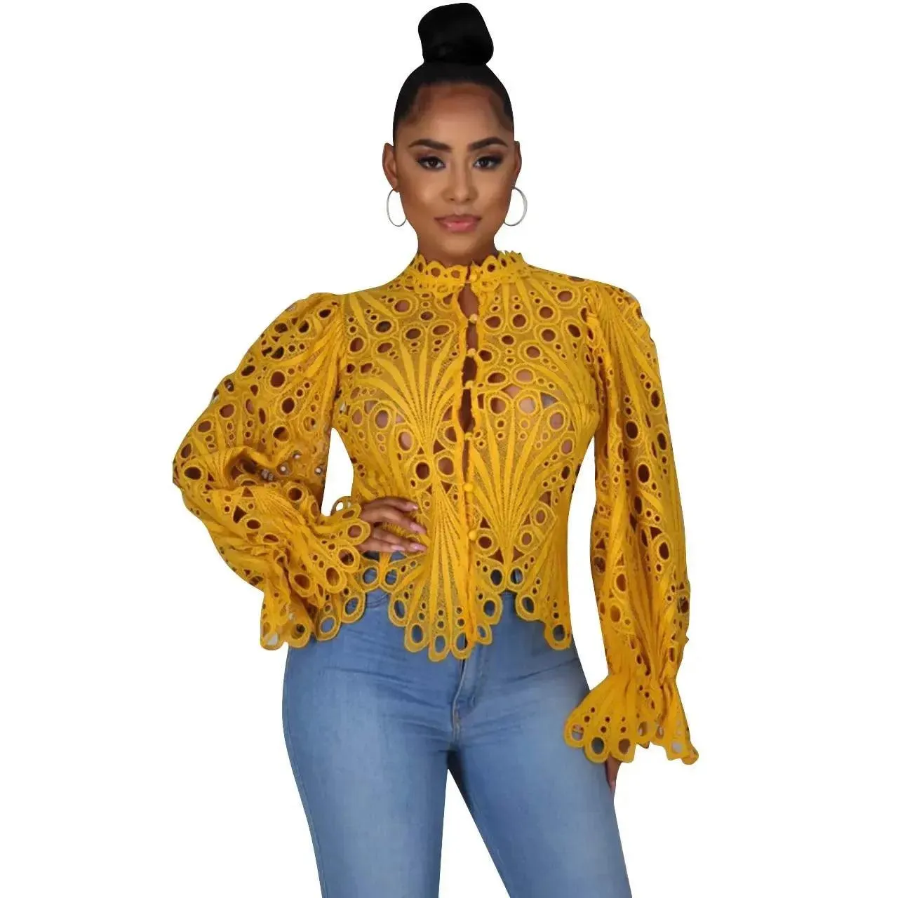 Elegant Long Sleeve Hollow Out Mesh Lace For Women