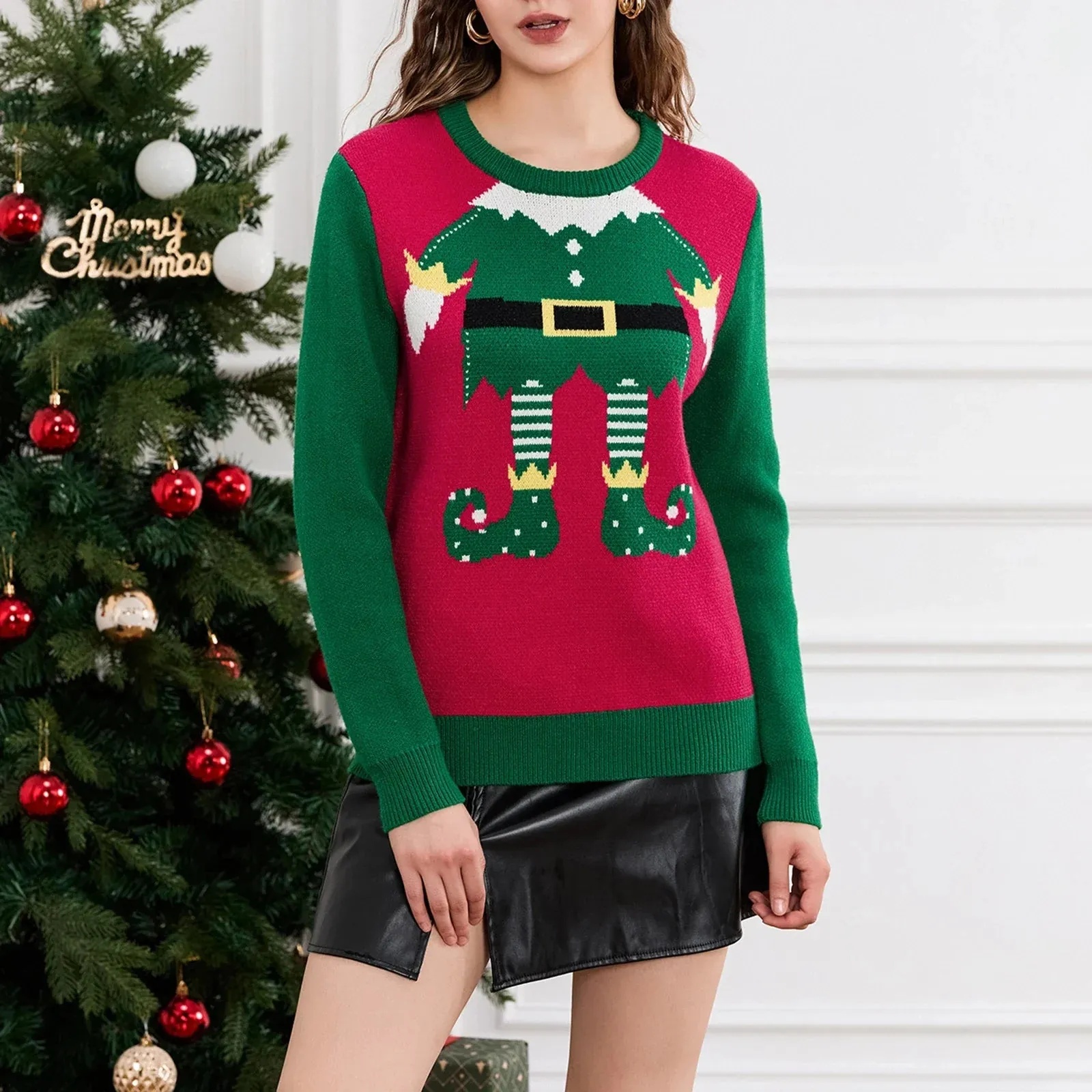 Elf Legs Print Crew Neck Christmas Sweater