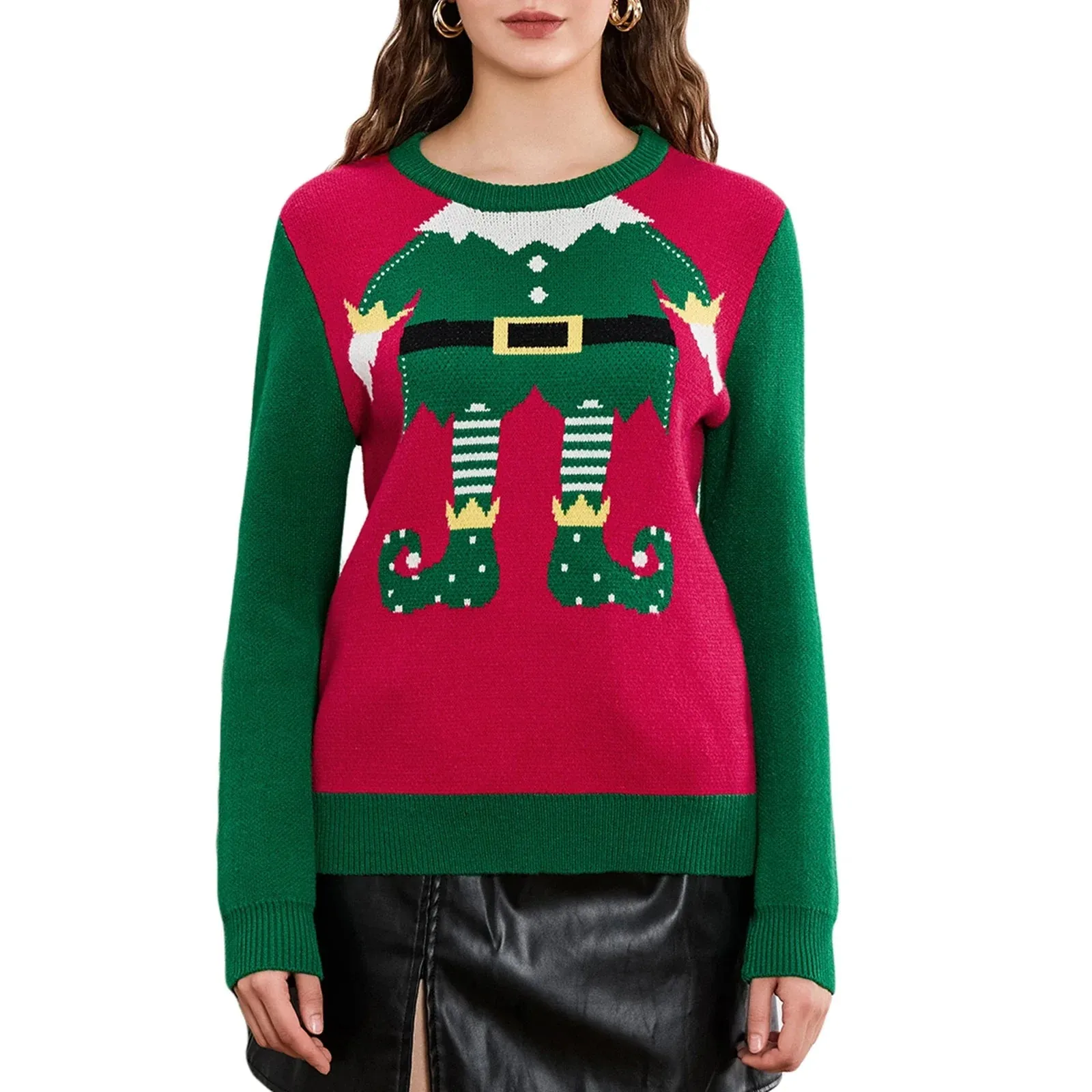 Elf Legs Print Crew Neck Christmas Sweater