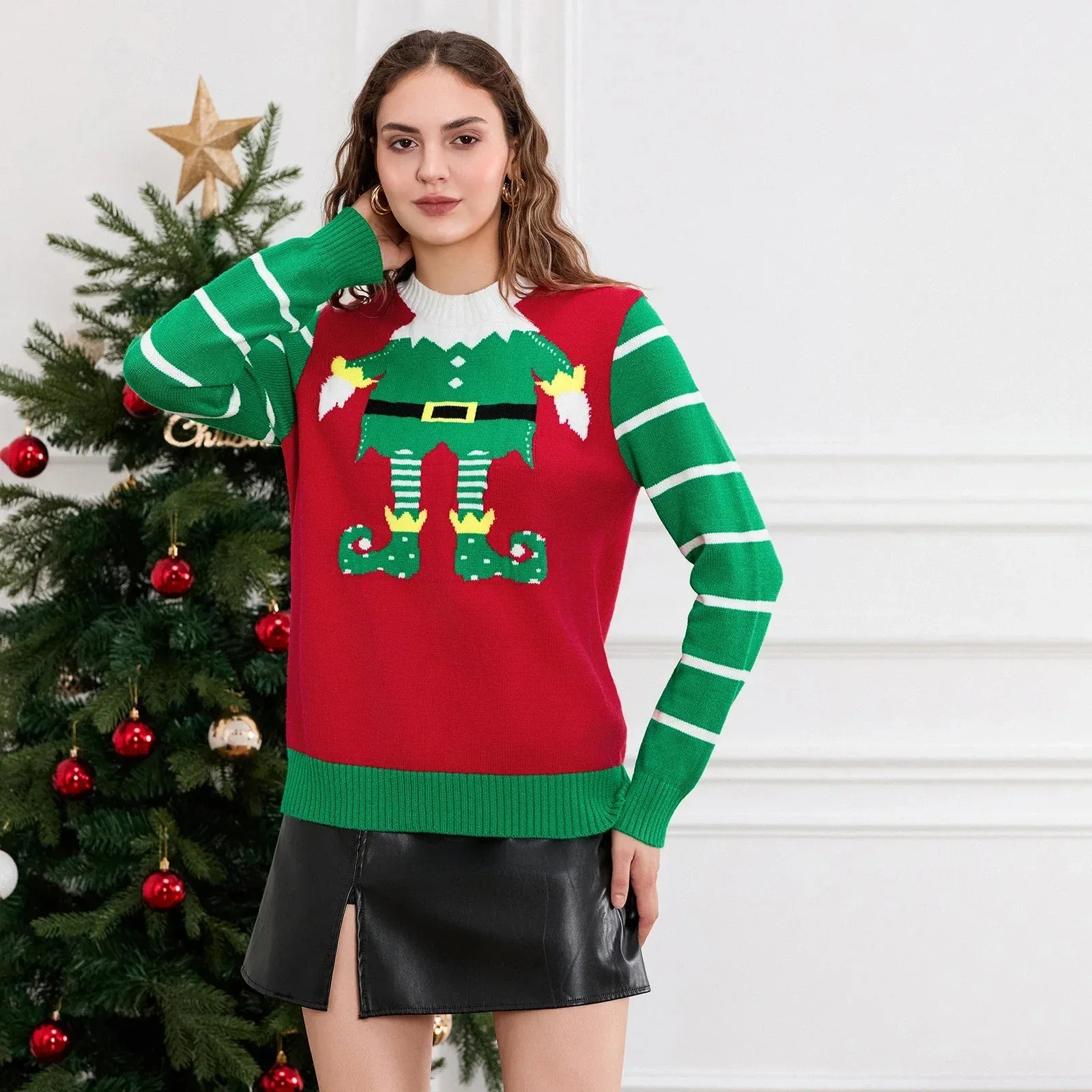 Elf Legs Print Crew Neck Christmas Sweater